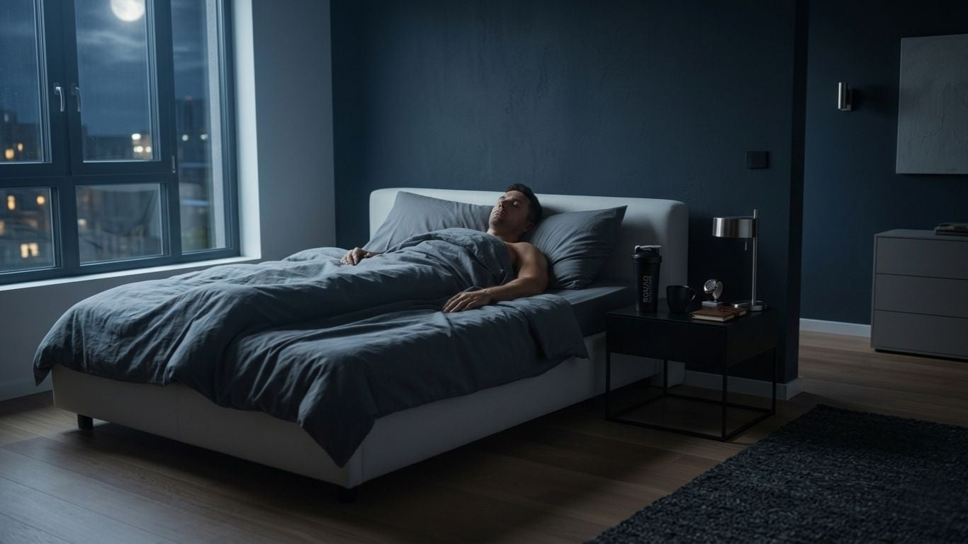 Homme sportif dormant dans une chambre sombre la nuit, avec un shaker de compléments alimentaires posé sur la table de nuit, illustrant l’importance du sommeil pour la récupération musculaire.